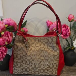 COACH EDIE 31 RED LEATHER SIGNATURE JACQUARD EUC